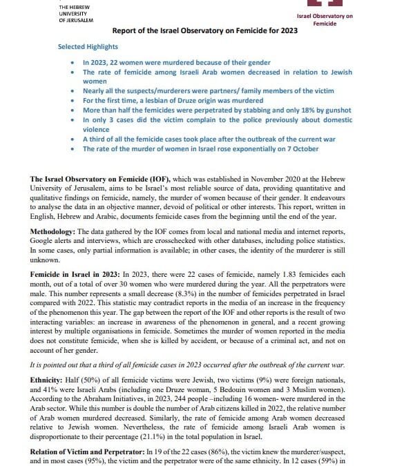 Izrael  Raport Izraelskiego Obserwatorium ds.&nbsp;Kobietobójstw za&nbsp;rok 2023